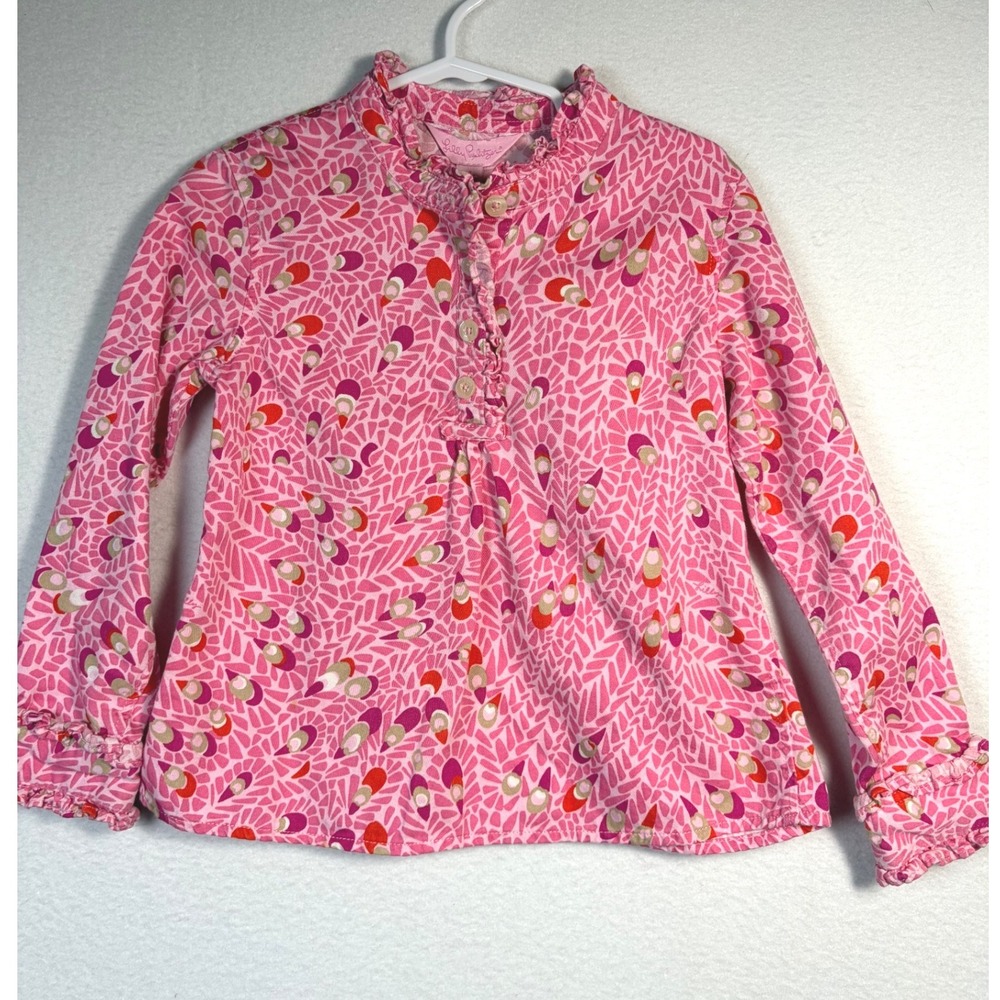 Lilly Pulitzer Blouse Girls Size 4 Pink Excellent Ruffle Collar Long Sleeve